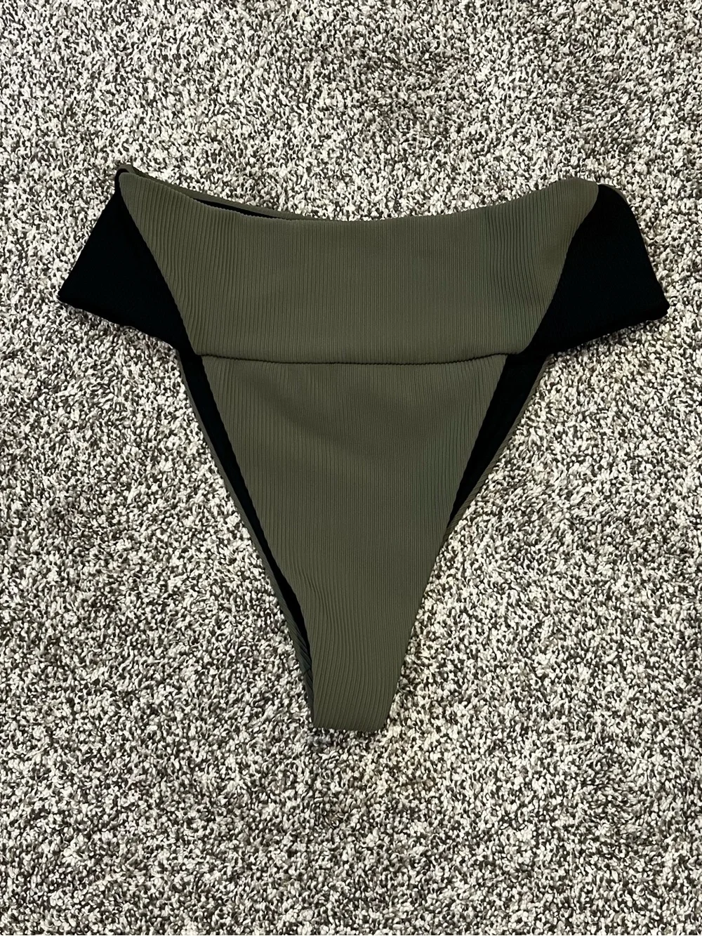 CXIX Ribbed High-Cut Bikini Bottom in Olive Green and Black